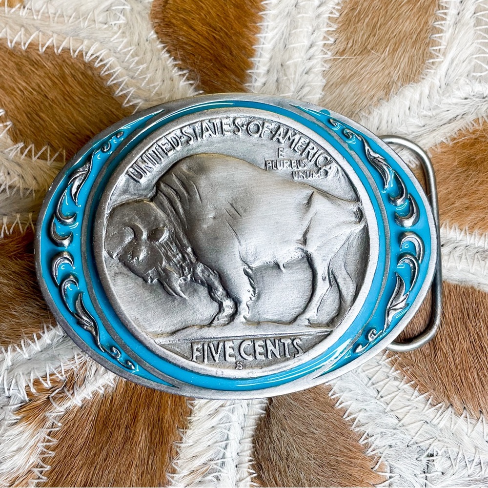 Silver and Blue Buffalo Nickel Belt Buckle